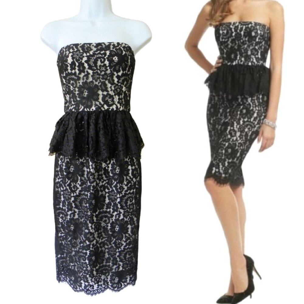 Robert Rodriguez Strapless Lace Peplum Pencil Dress Black White Cocktail Party